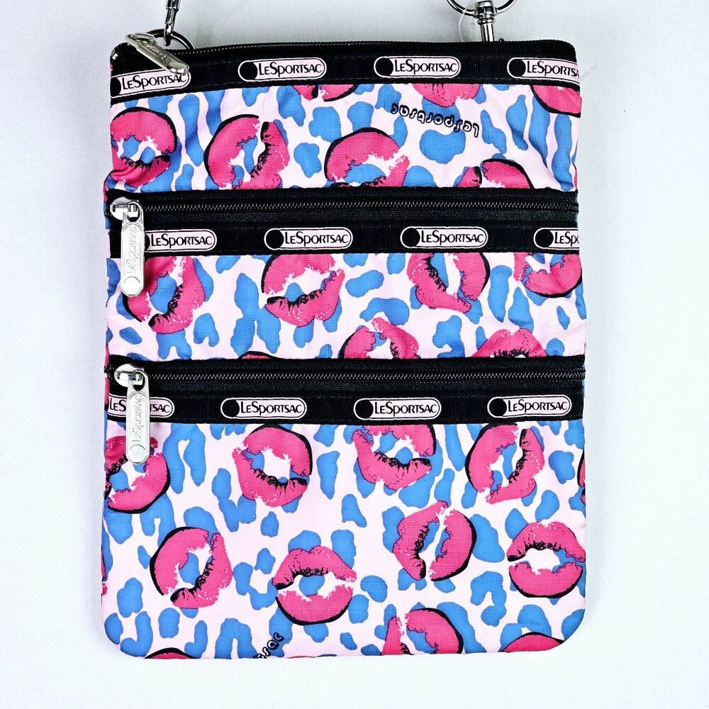 LeSportSac Pink Lip Smacker & Blue Cheetah 3 Tier Zippered Crossbody Handbag